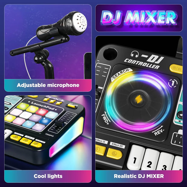 Kids DJ Mixer – With Microphone and Bluetooth, Colorful LED DJ Turntable, 12 MIDI Options