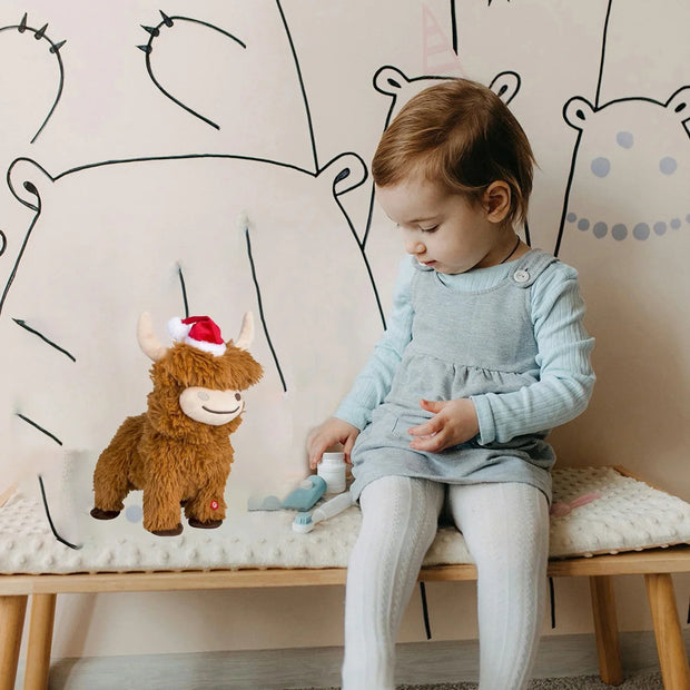 Dancing Highland Cow Plush Toy – 11-inch Christmas Edition with Santa Hat