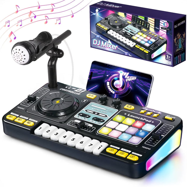 Kids DJ Mixer – With Microphone and Bluetooth, Colorful LED DJ Turntable, 12 MIDI Options