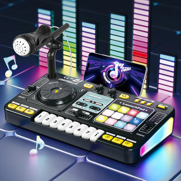 Kids DJ Mixer – With Microphone and Bluetooth, Colorful LED DJ Turntable, 12 MIDI Options