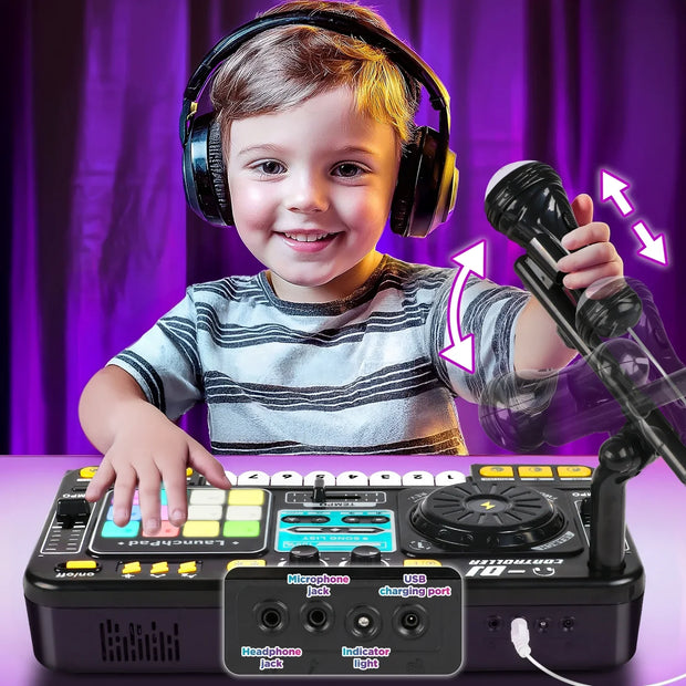 Kids DJ Mixer – With Microphone and Bluetooth, Colorful LED DJ Turntable, 12 MIDI Options