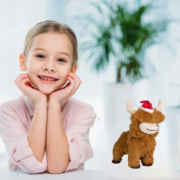 Dancing Highland Cow Plush Toy – 11-inch Christmas Edition with Santa Hat